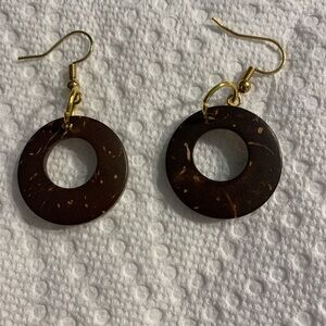 Brown Coconut Shell Circular Earrings with Gold Accents